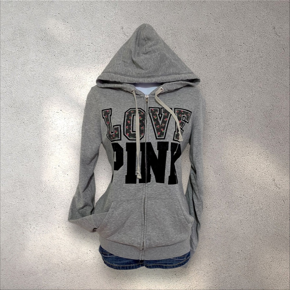 VS PINK “Love Pink” Grey & Black Zip Up Hoodie w/ Flower & Velvet Lettering Deta - Picture 3 of 7